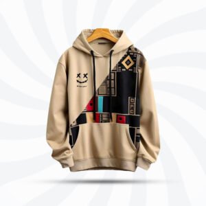 Beige geometric pattern hoodie with smiley face design, comfortable and stylish men's casual wear. Perfect for winter and everyday fashion.