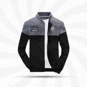 Men's black and gray casual winter jacket with modern embroidery design, perfect for casual wear and chilly weather in Bangladesh.