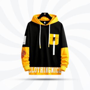 Men's black and yellow premium hoodie with a stylish front pocket, adjustable hood, and vibrant design, perfect for winter fashion in Bangladesh.