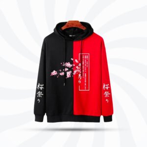 Japanese Sakura Festival hoodie in black and red, featuring cherry blossom prints and a color block design, ideal for winter fashion in Bangladesh.