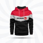 Quiksilver premium winter hoodie in red, black, and white color-block design with bold branding, perfect for men’s winter fashion, available at E Shopping BD.