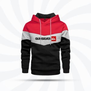 Quiksilver premium winter hoodie in red, black, and white color-block design with bold branding, perfect for men’s winter fashion, available at E Shopping BD.