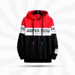 Super Hero Fashion hoodie with a bold red, black, and white color block design, featuring text details and a modern streetwear style, ideal for winter wear in Bangladesh.