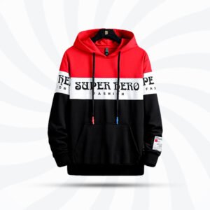 Super Hero Fashion hoodie with a bold red, black, and white color block design, featuring text details and a modern streetwear style, ideal for winter wear in Bangladesh.
