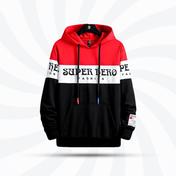 Super Hero Fashion hoodie with a bold red, black, and white color block design, featuring text details and a modern streetwear style, ideal for winter wear in Bangladesh.
