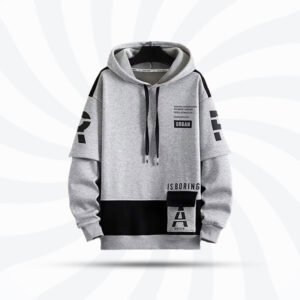 Urban gray hoodie for men with bold text graphics and adjustable drawstring, perfect for casual winter wear in Bangladesh.