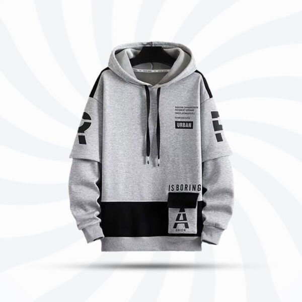 Urban gray hoodie for men with bold text graphics and adjustable drawstring, perfect for casual winter wear in Bangladesh.