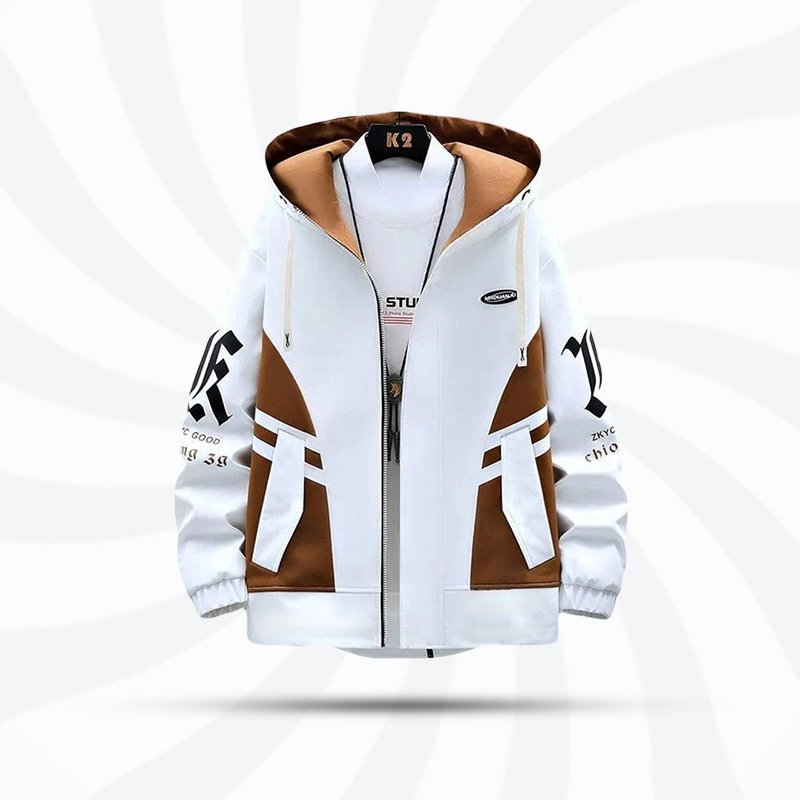 White and brown premium hoodie jacket for men with zipper front and adjustable hood, perfect for casual winter fashion in Bangladesh.